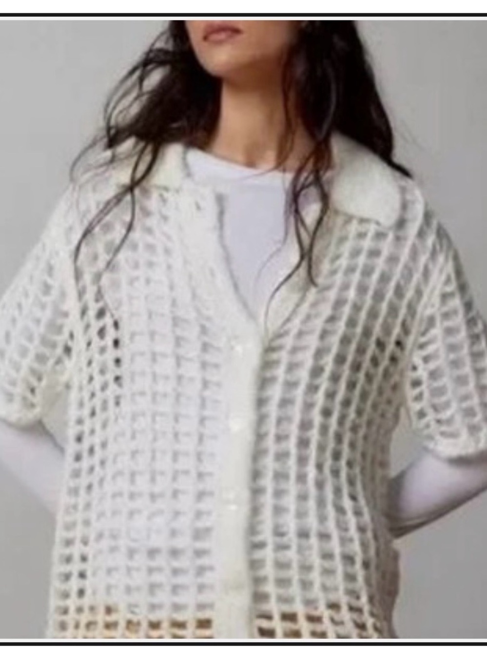 BDG Open-Weave Short Sleeve Button Cardigan in White